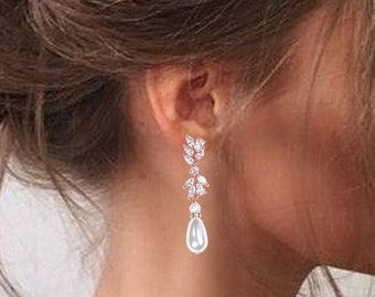 Pearl Earrings Drop Wedding Earrings Rose Gold Bridal Earrings Crystal Bridal earrings Crystal drop Earrings Bridesmaid earrings