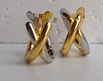 Gold Hoop Earrings Double Hoop Dainty Earrings Criss-Cross Huggie Hoops Minimalist Earrings Two Tone Small Hoops