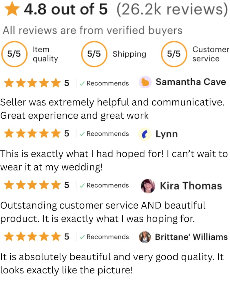 May include: A digital interface displaying a 4.8 out of 5 star rating based on 26.2k reviews. The screen shows verified buyer feedback, including five-star ratings and written comments from customers named Samantha Cave, Lynn, Kira Thomas, and Brittane' Williams.