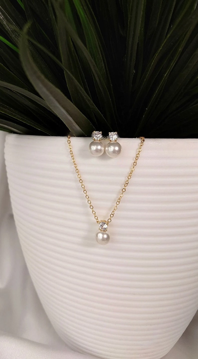 Pearl Necklace Dainty Pearl Diamond Necklace Bridal Necklace Bridesmaid Necklace Set Minimalist Wedding Jewelry Gift for her image 7
