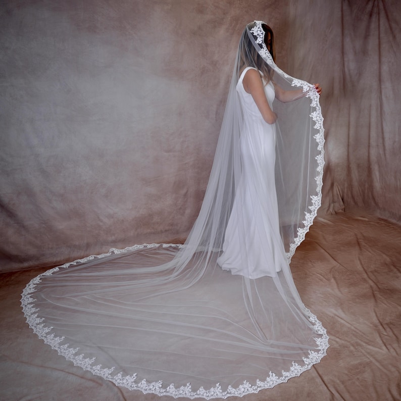 May include: A long, white wedding veil with a detailed lace trim. The veil is flowing and elegant, with a decorative lace border. The bride is wearing a white dress. A traditional bridal accessory.
