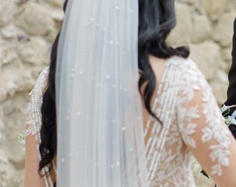 Beaded Edge Bridal Veil, Wedding Veil With Scattered Pearls  display picture 3