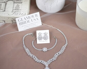 Kamise Hochzeit Schmuck Set Silber | Halskette, Ohrringe & Armband | Mit 5A Zirkonia, Hypoallergen