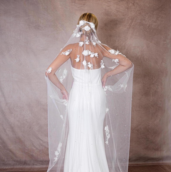 White Chapel Lengh 3D Floral Veil With Comb 3-D Floral Chapel Veil | Wedding Veils and Capes | Grace +  main image 3
