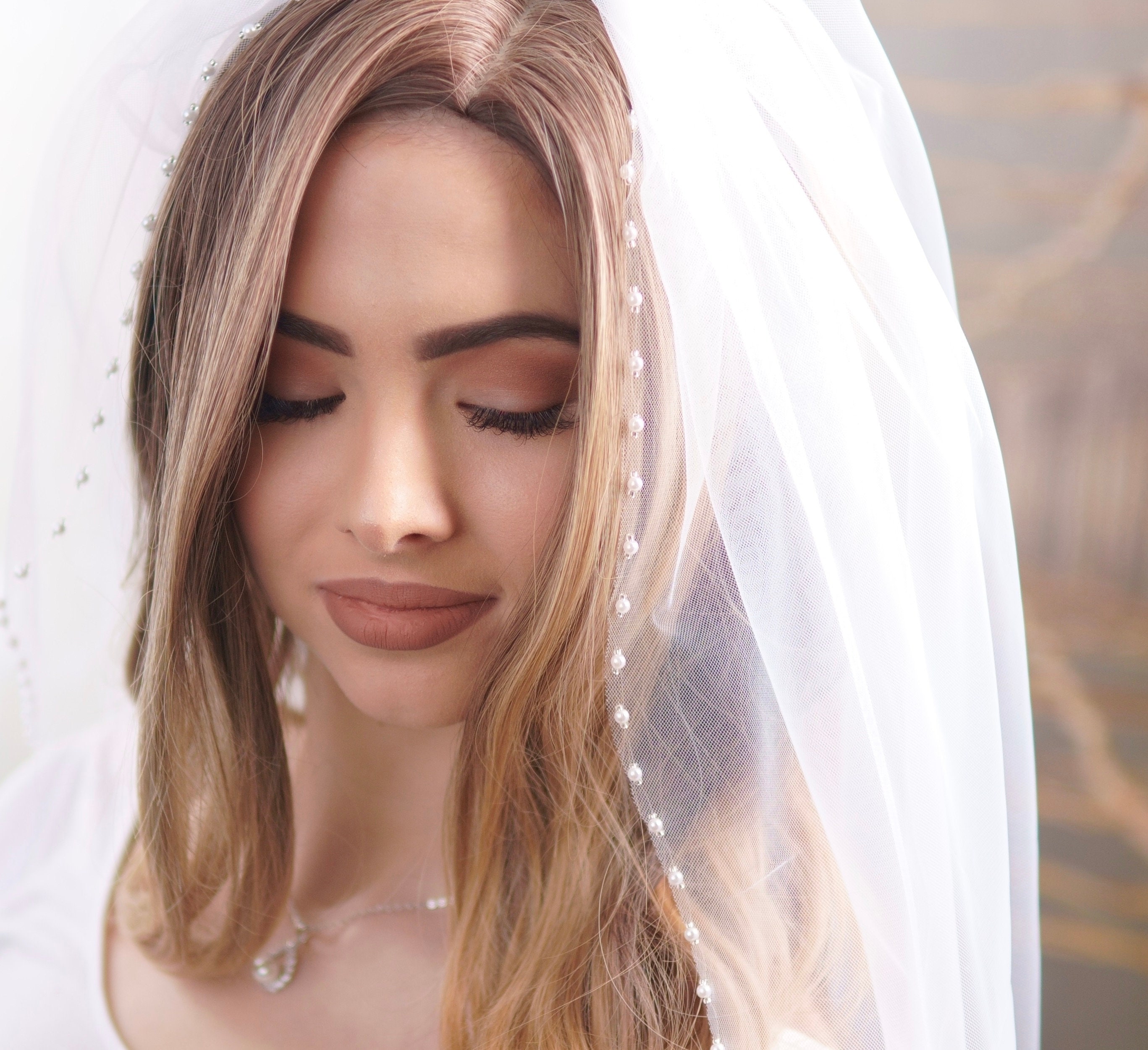 Pearl Veil, White Ivory Pearl Veil, Handmade Wedding Veil, Cathedral