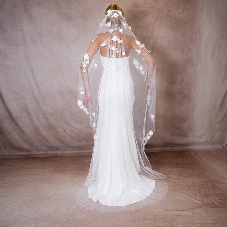 Floral Veil, Ivory Lace Wedding Veil, Fingertip, Chapel and Cathedral image 3