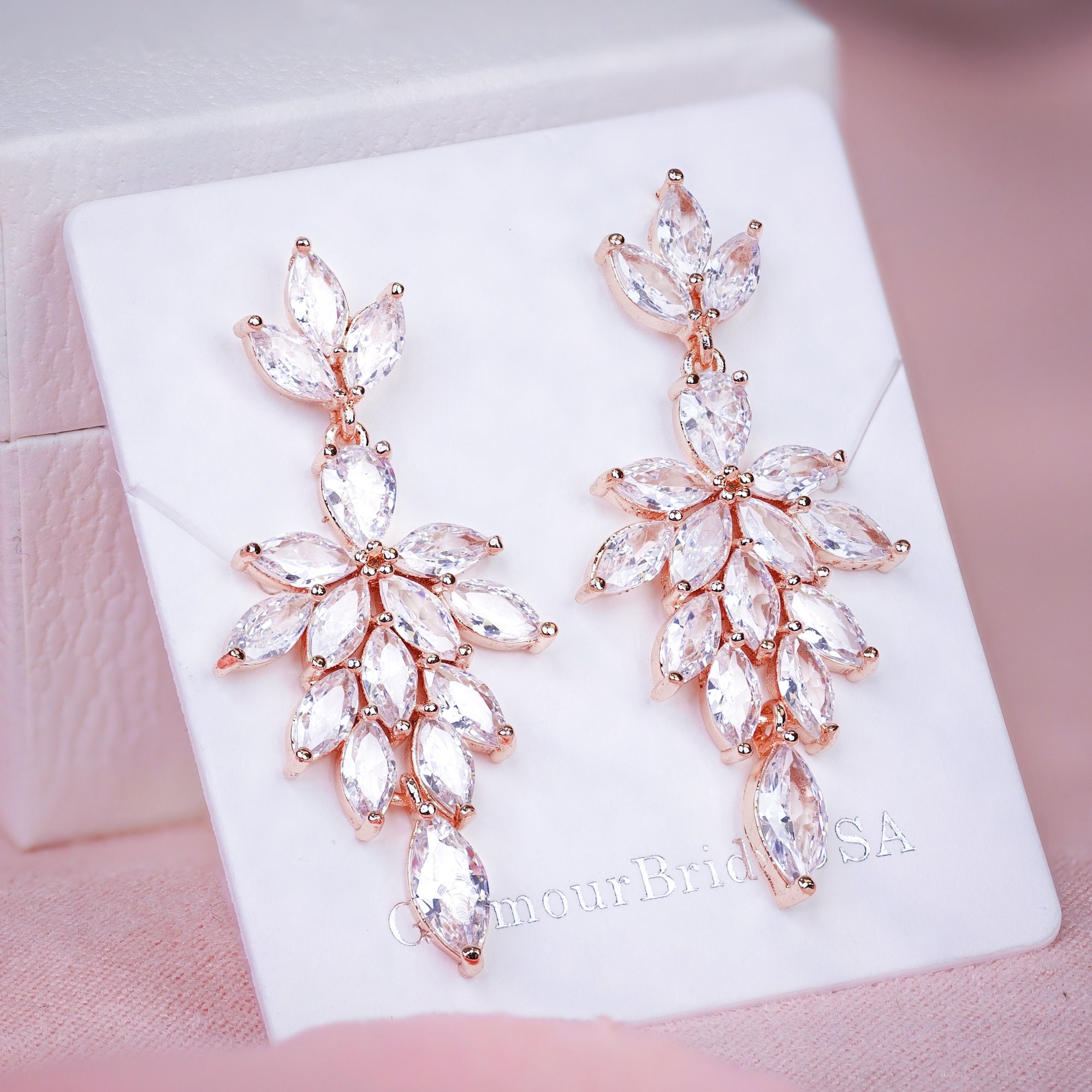 Rose gold Crystal Earrings Rose gold Bridal Earrings Crystal Wedding Jewelry Set  Earrings Bridal Earring Diamond Dangle Earrings