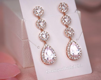 Crystal Earrings Long Bridal Earrings Rose Gold Wedding Earrings Bridal Jewelry Tea drop Earrings Gold Bridal Jewelry Silver