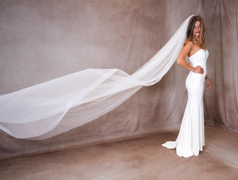 May include: A floor-length white strapless gown with a fitted bodice and a flared skirt, paired with a long, sheer white veil that extends horizontally across the frame, creating a dramatic flowing effect with its lightweight, translucent fabric.