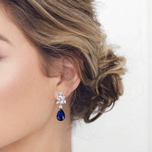 Sapphire Bridal Earrings Crystal Bridal Earrings Blue Sapphire Wedding Earrings Bridal Jewelry Bridesmaids Earrings Crystal Drop Earrings