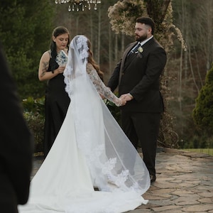Wedding Veil Chantilly Lace Mantilla Veil Fingertip Veil Soft Tulle Lace Veil with lace Cathedral Veil Lace Chapel French Tulle Veil Lace image 9