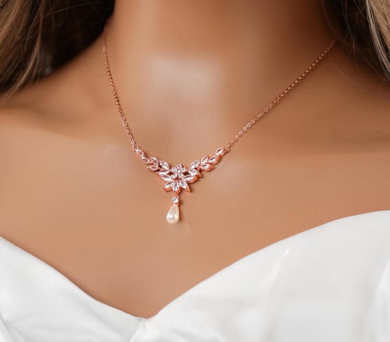 Pearl Necklace Rose Gold Pearl Wedding Necklace Pearl