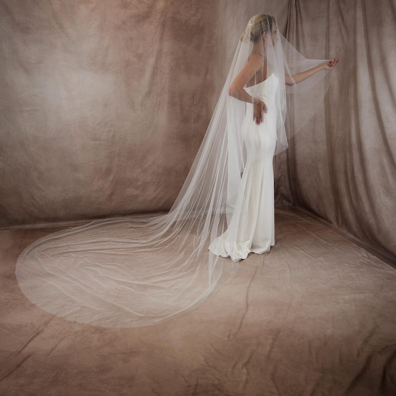 May include: A long, sheer white bridal veil made of fine tulle fabric that extends across the floor in a circular train. The veil is worn with a floor-length, strapless white gown that features a fitted bodice and a smooth, flowing skirt silhouette.