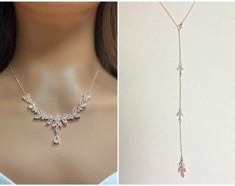 Bridal Necklace Rose Gold Wedding Jewelry for Bride Silver Bridal Jewelry Crystal Bridal Backdrop Necklace Set Bridal Jewelry Set