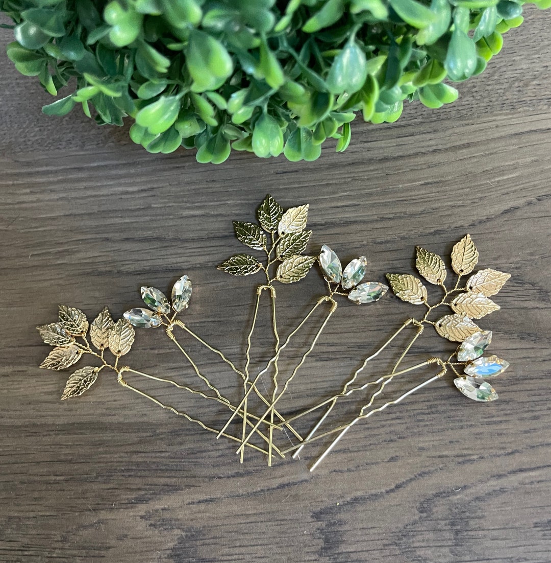 Leaf Hair Pins Crystal Hair Pins Bridal Hair Pins Gold Bridal Hair Pins