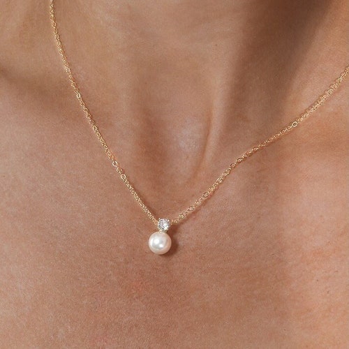 Pearl Necklace Dainty Pearl Diamond Necklace Bridal Necklace Bridesmaid Necklace Set Minimalist Wedding Jewelry Gift for her