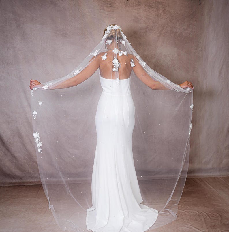 Floral Veil, Ivory Lace Wedding Veil, Fingertip, Chapel and Cathedral image 1