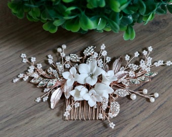 Floral Bridal Hair comb Rose gold Veil Hair Comb Comb for veil Wedding Hair Accessory Rose gold Bridal Hair Accessories Floral Hair piece