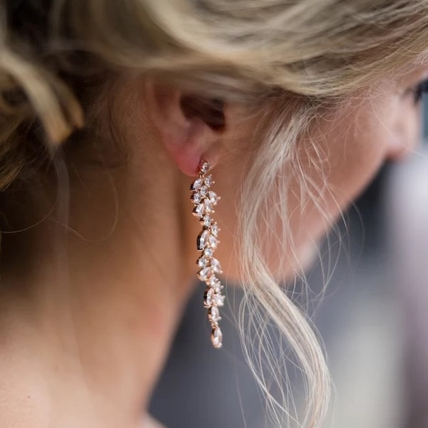 Crystal Bridal Earrings Rose Gold Long Earrings Chandelier Earrings Crystal long Earrings Rose Gold Bridal Jewelry Silver bridal earrings