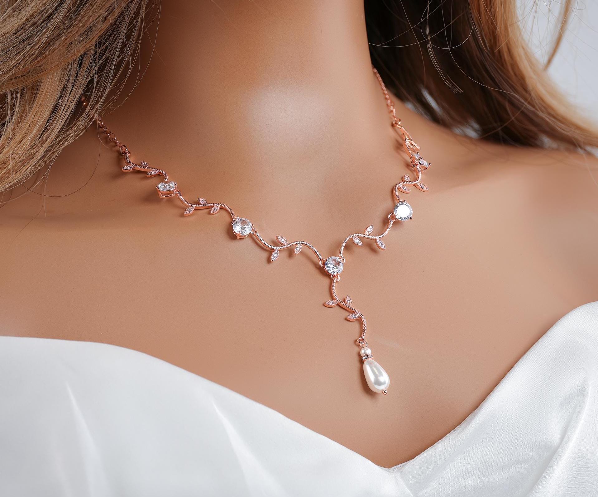 BriLove Wedding Jewelry Set For Bride – Y-Necklace & Dangle Earrings With Crystal Teardrop Leaf Design, Bridal Bridesmaid Gift - View #5
