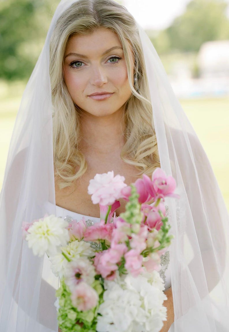Simple Veil with Blusher Soft French Tulle Veil with comb 2 Tier Veil Illusion Veil Raw Cut Plain Cut Edge Soft Blusher Veil Cathedral image 7