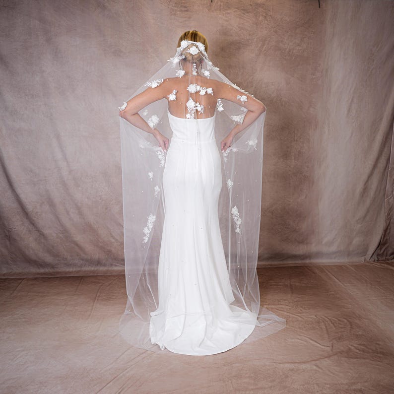 Floral Veil, Ivory Lace Wedding Veil, Fingertip, Chapel and Cathedral image 9