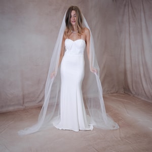 May include: A floor-length white strapless gown with a sweetheart neckline and a fitted bodice, paired with a long, sheer, lightweight tulle veil that drapes down from the head to the floor, creating a flowing silhouette with soft fabric layers.