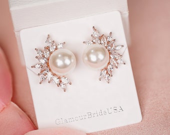 Pearl Wedding Earrings Rose Gold Pearl Bridal Earrings Bridal Crystal Pearl Stud Earrings Crystal Wedding Jewelry Pearl Bridal Jewelry