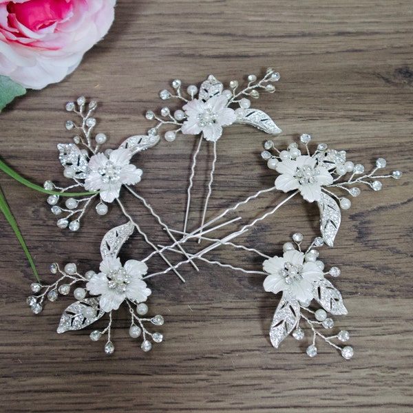 Bridal hair pins Wedding hair pins Bridesmaid Hair pins Silver Hair pins Floral Bridal Hair Accessory Floral Wedding Hair Accessory