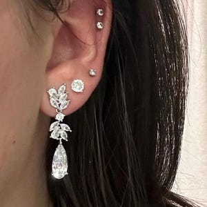 May include: Close-up of an ear adorned with multiple silver earrings. One earring is a long, dangling design with a teardrop-shaped gem and leaf-like accents. Additional earrings are small studs with clear stones.