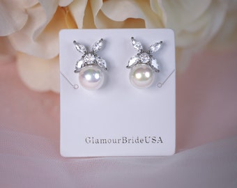 Pearl Stud Earrings Silver Pearl Wedding Earrings Bridal Crystal Pearl Stud Earrings Crystal Wedding Jewelry Pearl Bridal Jewelry