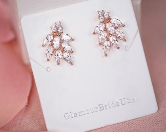 Rose Gold Stud Earrings Crystal Stud Earrings Crystal Bridal Studs Crystal Leaf Earrings Rose Gold Bridal Jewelry Stud Bridesmaids earrings