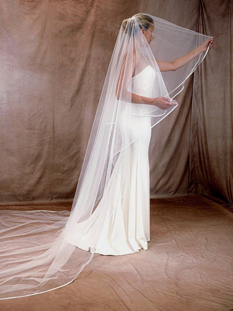 May include: A long, sheer white bridal veil with a delicate white trim. The veil is worn over a white wedding dress. The veil extends to the floor, creating a dramatic effect. The background is a neutral brown.