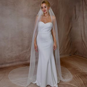 May include: A floor-length white strapless gown with a sweetheart neckline and a fitted bodice that flares at the skirt. A long, sheer white veil with a delicate beaded edge drapes over the shoulders and extends onto the floor behind the dress.