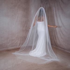 May include: A long, sheer white bridal veil made of fine tulle fabric. The veil is draped over the head and extends down the back, flowing onto the floor in a wide, translucent train. The material is lightweight, semi-transparent, and smooth.