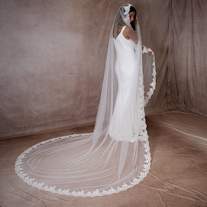 May include: A long, white bridal veil with a delicate lace trim. The veil is draped over a white dress, creating an elegant and flowing silhouette. The lace detailing adds a touch of sophistication to the overall design.