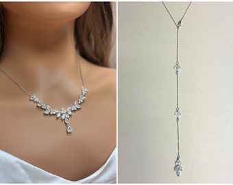 Backdrop Necklace set Silver Wedding Jewelry for Bride Silver Bridal Jewelry Crystal Bridal Backdrop Necklace Set Bridal Jewelry Set