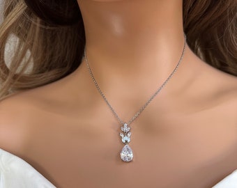 Crystal Necklace Drop Bridal Necklace Pendant Necklace Simple Necklace Tear drop Necklace Bridal Jewelry Wedding Jewelry MOG MOB