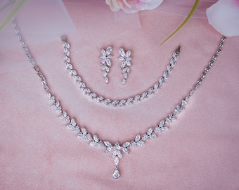 Bridal Necklace set  Crystal earrings Long Light Drop Bridal Jewelry Silver Bridal Earrings Crystal Bridal Earrings