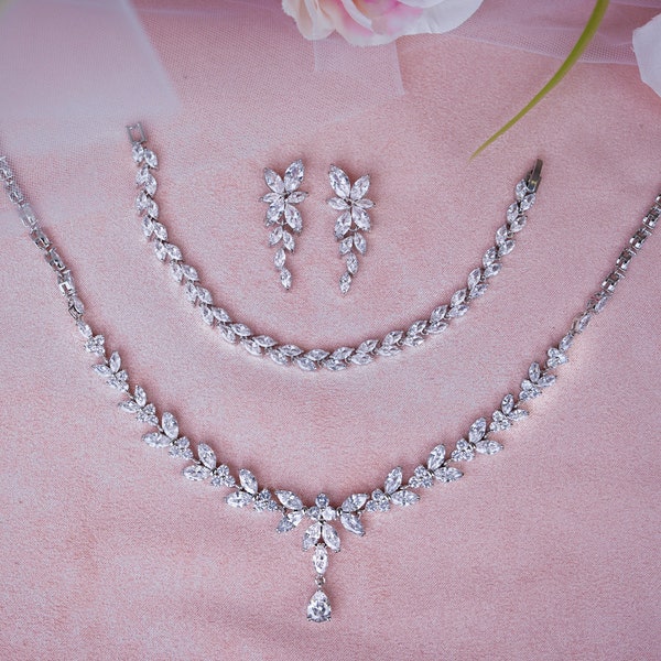 Bridal Necklace set  Crystal earrings Long Light Drop Bridal Jewelry Silver Bridal Earrings Crystal Bridal Earrings