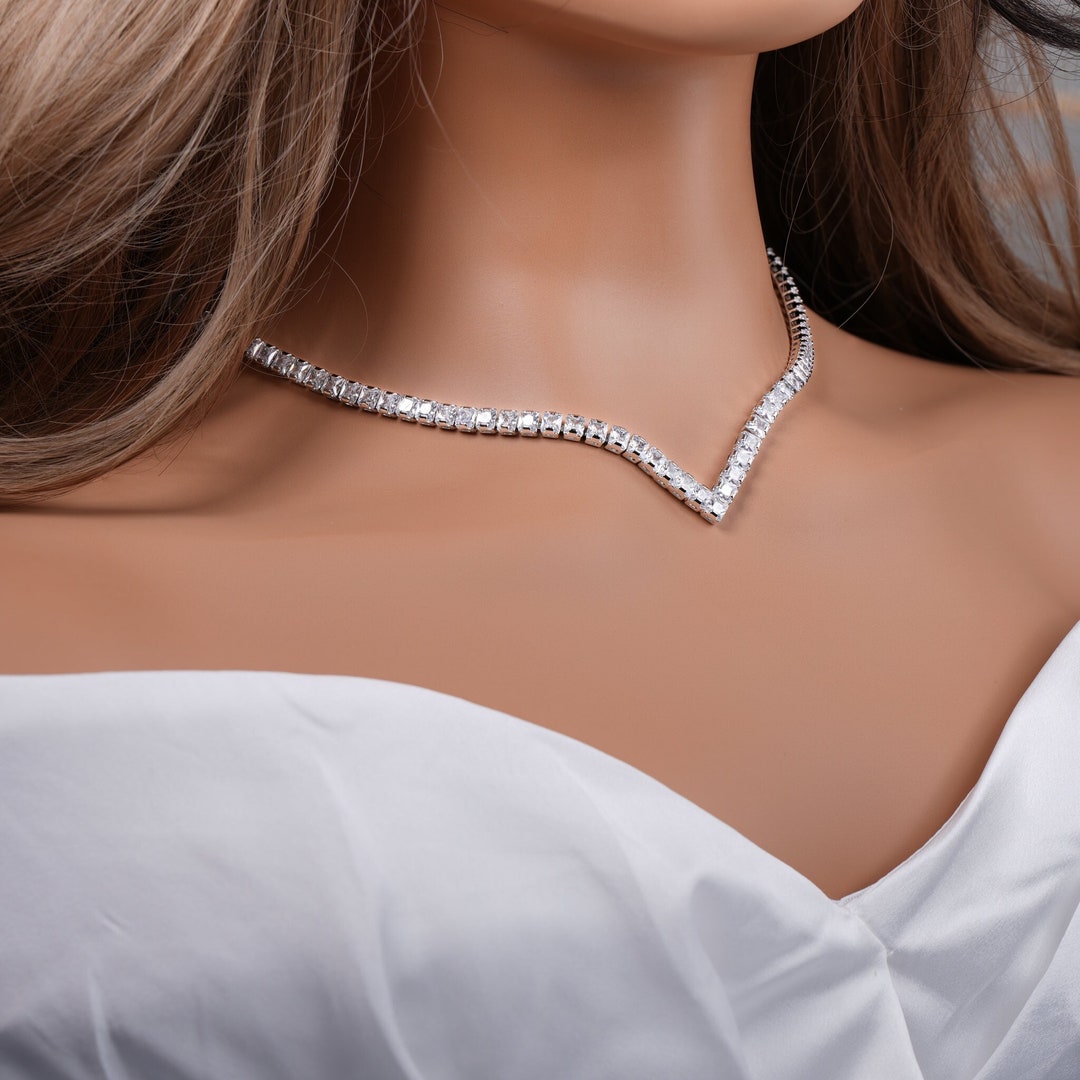 V Shape Necklace Tennis Necklace V Shape Crystal Necklace Set Wedding