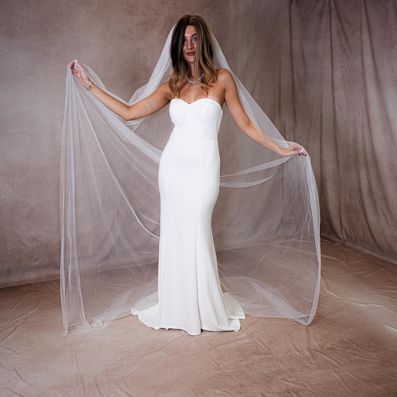 May include: A floor-length white strapless gown with a sweetheart neckline and a fitted bodice, paired with a long, sheer, lightweight tulle veil that extends outward to the sides, creating a wide, flowing silhouette of delicate fabric.