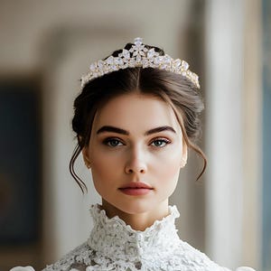 May include: A gold-toned tiara featuring a symmetrical arrangement of clear, pear-shaped and marquise-cut crystals. The headpiece displays a central floral motif with radiating crystal petals, set against a metallic frame that rests on the head.