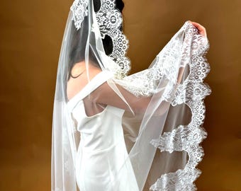 Welon ślubny z koronki Chantilly Welon mantilla Welon na palce Welon z miękkiego tiulu z koronką Welon katedralny Welon koronkowy kaplica Welon z tiulu francuskiego z koronką