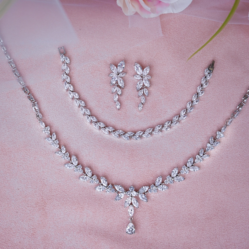 Bridal Necklace set Silver Wedding Jewelry for Bride Silver Bridal Jewelry Crystal Bridal Necklace Set Bridal Jewelry Set image 2