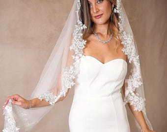 Fingertip Mantilla Veil, Chantilly Lace Trim, Soft Tulle
