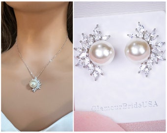 Pearl Jewelry Set Crystal Bridal Necklace Set Wedding Jewelry Set Crystal Necklace Drop Silver Bridesmaids Jewelry Quinceanera Jewelry Set