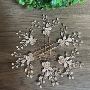 Tocado de novia en oro rosa Accesorio para el cabello de boda Horquillas florales para el cabello de novia Peine para el cabello de novia Horquillas para el cabello de dama de honor Horquillas para el cabello en oro rosa