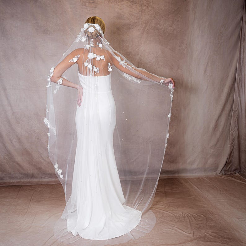 Floral Veil, Ivory Lace Wedding Veil, Fingertip, Chapel and Cathedral image 5