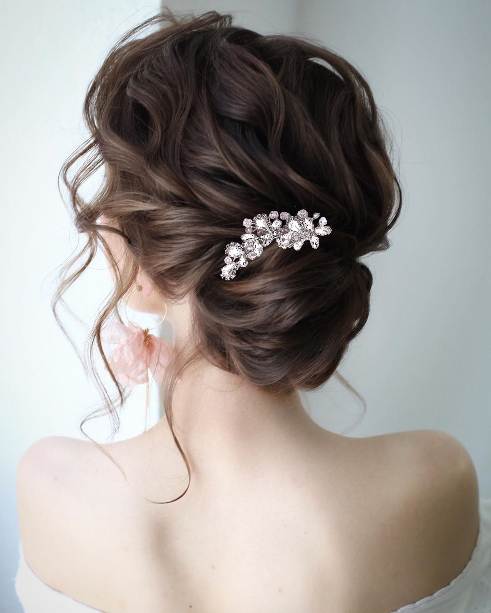 Bridal Wedding Clear Austrian Crystal Silver Heart Hair Clip Comb Head Piece 